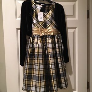 Bonnie Jean Black and Gold Plaid Formal Dress with Gold Bow and Black Bolero
